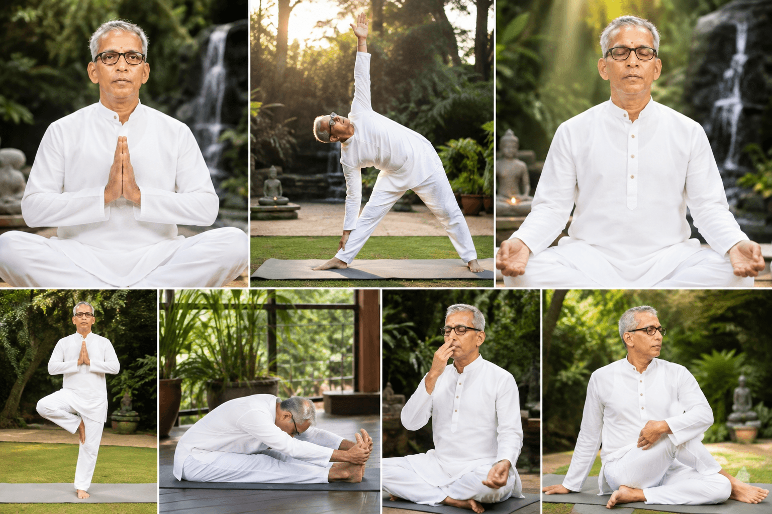 Guruji demonstrating a range of asanas, mudras and pranayama